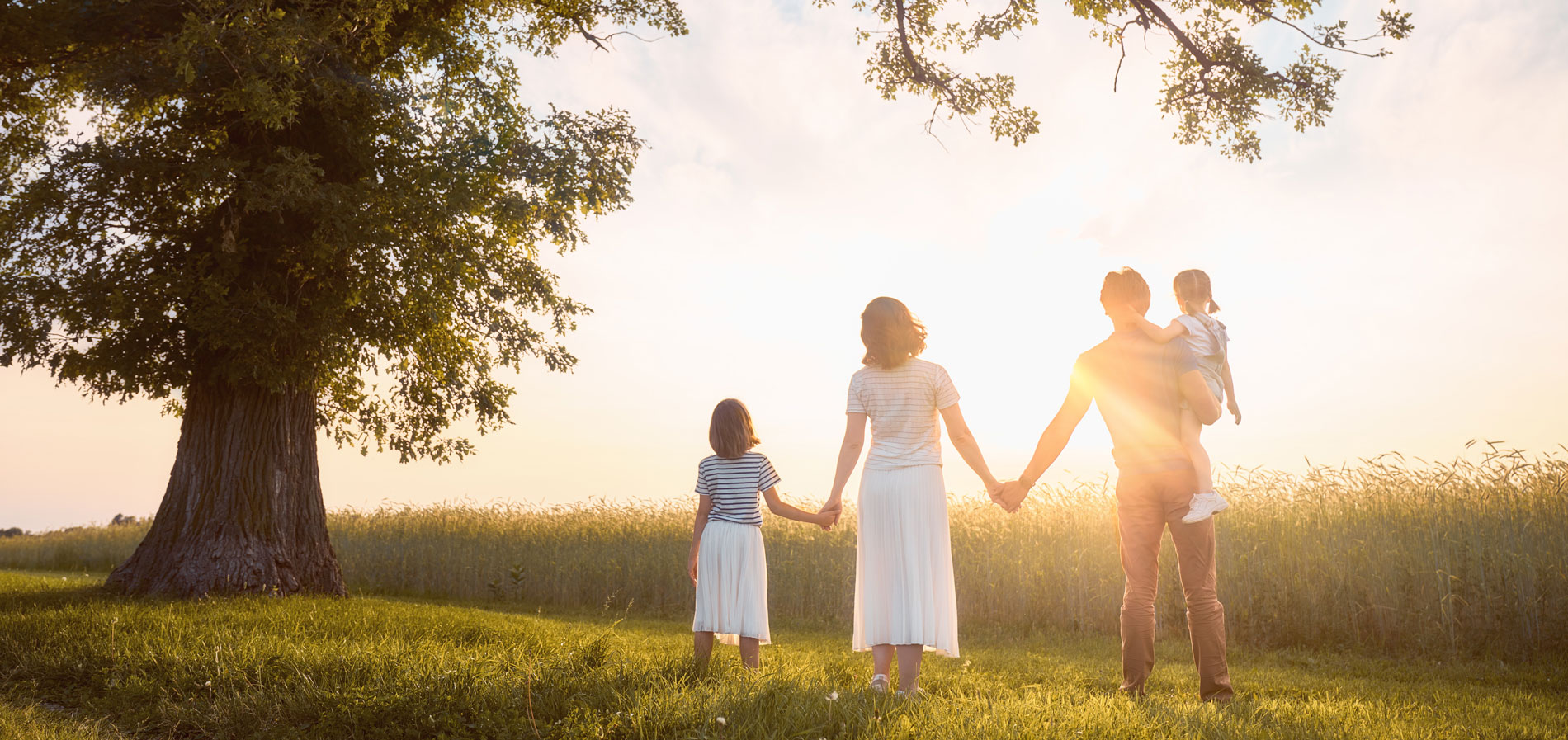 Family holding hands in a field